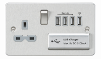 Knightsbridge Flat plate 13A switched socket with quad USB charger - brushed chrome with grey insert - (FPR7USB4BCG)