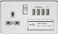 Knightsbridge Screwless 13A switched socket with quad USB charger (5.1A) - polished chrome with grey insert - (SFR7USB4PCG)