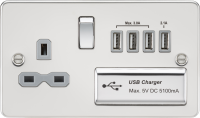 Knightsbridge Flat plate 13A switched socket with quad USB charger - polished chrome with grey insert - (FPR7USB4PCG)