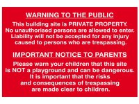 Scan PVC Sign 600 x 400mm - Building Site Warning to Public & Parents