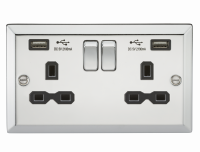Knightsbridge13A 2G Switched Socket Dual USB Charger Slots with Black Insert - Bevelled Edge Polished Chrome - (CV92PC)