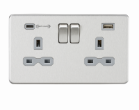 Knightsbridge 13A 2G DP Switched Socket with Dual USB Charger (Type-C FASTCHARGE port) - Brushed Chrome/Grey (SFR9909BCG )