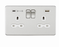 Knightsbridge 13A 2G DP Switched Socket with Dual USB Charger (Type-C FASTCHARGE port) - Brushed Chrome/White - (SFR9907BCW)