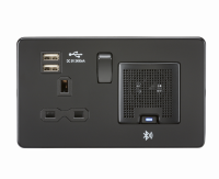 Knightsbridge Screwless 13A socket, USB chargers (2.4A) and Bluetooth Speaker - Matt Black - (SFR9905MBB)