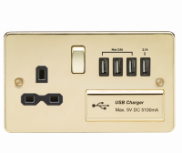 Knightsbridge Flat plate 13A switched socket with quad USB charger - polished brass with black insert - (FPR7USB4PB)