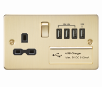 Knightsbridge Flat plate 13A switched socket with quad USB charger - brushed brass with black insert - (FPR7USB4BB)