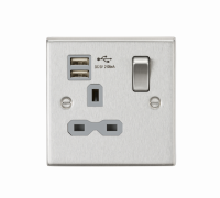 Knightsbridge 13A 1G Switched Socket Dual USB Charger (2.1A) with Grey Insert - Square Edge Brushed Chrome - (CS91BCG)