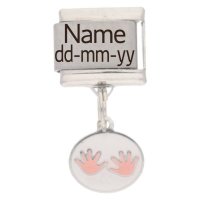 Personalised Baby Girl Pink Hands Name & Date Italian Charm