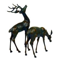 Solstice Sculptures Deer Pair Small 56 & 33cm in Dark Verdigris