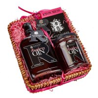 Mini Raspberry Hamper : 35cl Raspberry Gin , Raspberry Gin Jam and Banoffee Chocolate bar