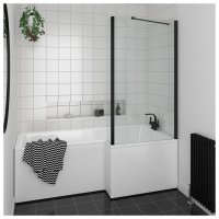 Essential Black 6mm L Shaped Bath Screen with Support Bar