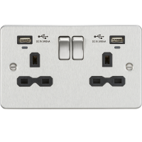 Knightsbridge 13A 2G Switched Socket, dual USB charger (2.4A) with Indicators - Brushed Chrome with black insert (FPR9904NBC)