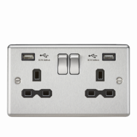 Knightsbridge 13A 2G Switched Socket Dual USB Charger (2.4A) with Black Insert - Rounded Edge Brushed Chrome - (CL9224BC)