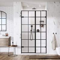 Roman Liberty 8mm Black Grid Hinged Door with In-Line Panel Left Hand 760mm (Alcove Fitting)