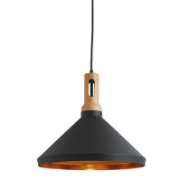 Searchlight Wong Pendant 1 Light Cone Gold Inner Black Outer Wood Effect Cap