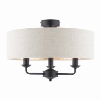 Laura Ashley Sorrento 3 Light Semi-Flush Matt Black with Natural Shade