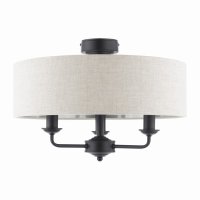 Laura Ashley Sorrento 3 Light Semi-Flush Matt Black with Natural Shade
