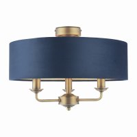 Laura Ashley Sorrento 3 Light Semi-Flush Matt Antique Brass with Blue Shade
