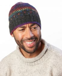 Pure Wool Hand knit - solar tick beanie - charcoal/rainbow