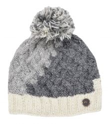 Pure Wool Hand knit - lattice step bobble hat - Grey/white