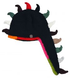 Dino hat - pure wool - hand knitted - fleece lining - black