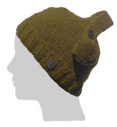 Pure Wool half fleece lined - loop button hat - Khaki Green
