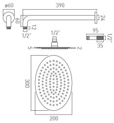 Vado Aquablade 200 x 300mm Oval Slimline Shower Head and Arm