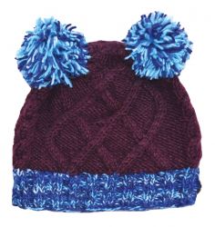 Two pom cable hat - pure wool - hand knitted - purple blue