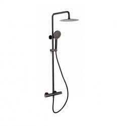 RAK Compact Round Black Chrome Thermostatic Exposed Shower Column, Fixed Head And Shower Kit