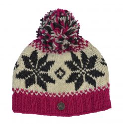 Snowflake bobble hat - pure wool - fleece lining - pink / natural