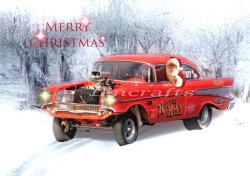 Roaring Rat 57 Chevy Gasser Drag Racer Christmas Card by LDA. XM22
