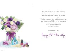 70th Birthday Card - Female - Flowers & Perfume - Glittered - Regal