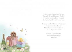 Birthday Card - With Love Sister - Puppy Champagne - Glitter - Regal