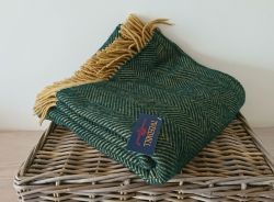 Tweedmill Herringbone Throw 100% Pure New Wool - Emerald Green & Mustard