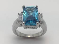 Silver Cz Blue Topaz  Ring 3 Cz Shoulders