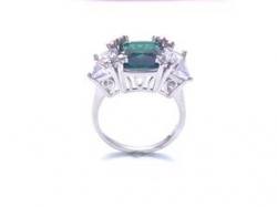 Silver Dark Green & Clear CZ 3 Stone Ring