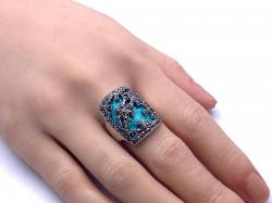 Silver Marcasite & Turquoise Oblong Fancy Ring