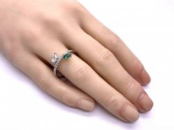 Silver Clear & Green CZ Pear Shaped 2 Stone Ring