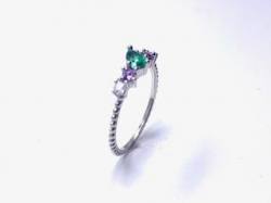 Silver Dark Green Lilac & Clear CZ Fancy Ring