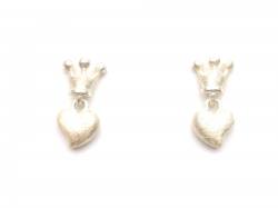 Silver Brushed Crowned Heart Drop Earrings