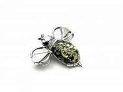 Silver Green Amber Bee Brooch 25x27mm