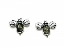 Silver Green Amber Bee Stud Earrings 17x15mm