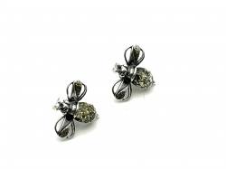 Silver Green Amber Bee Stud Earrings 17x15mm