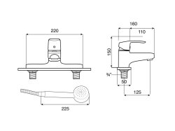 Roca Monodin-N Deck-Mounted Bath/Shower Mixer with Hose, Handset & Wall Bracket - Chrome