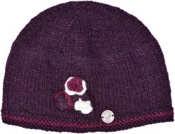Half fleece lined - pure wool - three flower - beanie - aubergine
