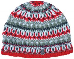 Pure Wool hand knit - multi-patterned beanie - red