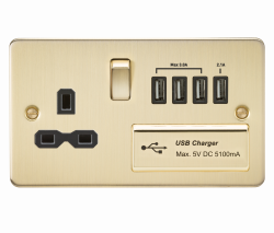 Knightsbridge Flat plate 13A switched socket with quad USB charger - brushed brass with black insert - (FPR7USB4BB)