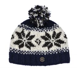 Snowflake bobble hat - pure wool - fleece lining - blue / natural