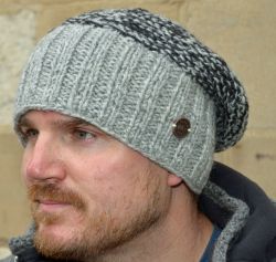Pure Wool Hand knit - two tone moss - baggy beanie - Pale grey