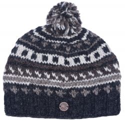 Pattern ridge bobble hat - pure wool - fleece lining - greys / natural